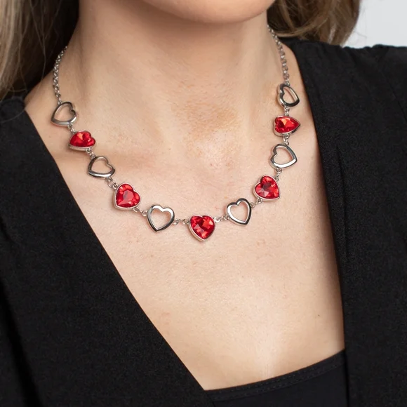 Red Heart Crystal Necklace & Bracelet Set  - Silver-Tone Chain