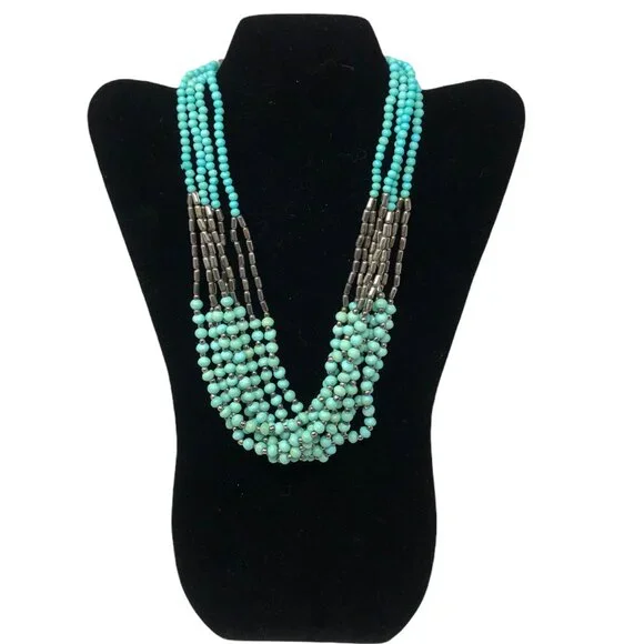 Beaded Necklace Turquoise Blue‎ Green Colored and Hematite 4 Strand
