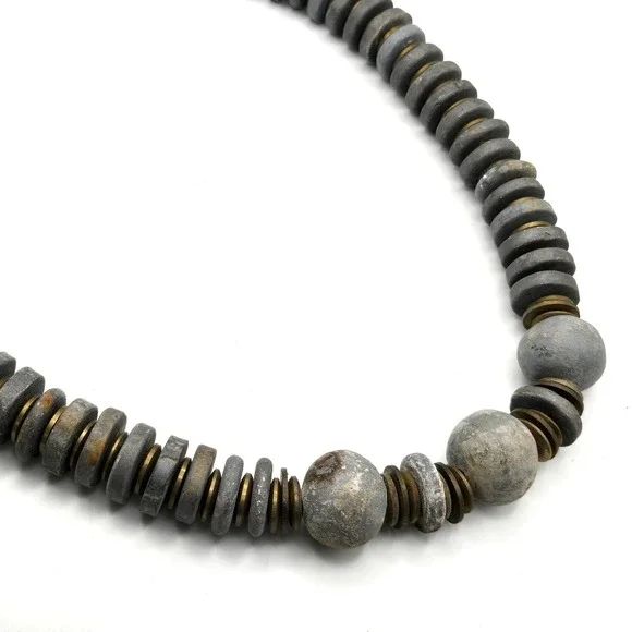 Vintage‎ Gray Cast Stone Disc and Sphere Bead Necklace with Brass Spacers 20