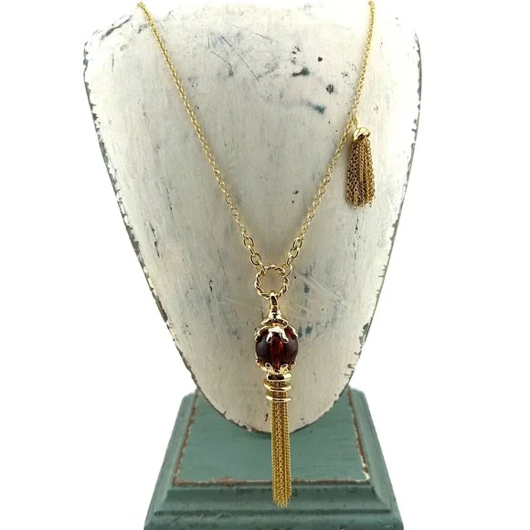 H&M‎ Amber Beaded Tassel Necklace Gold Tone Statement Necklace NWT