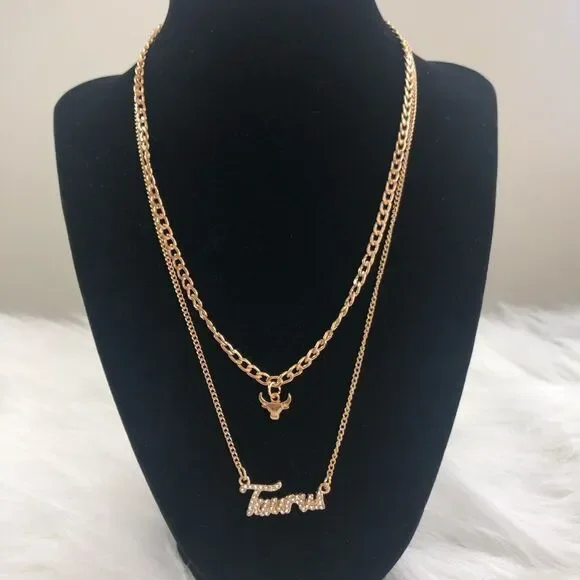 18 K Gold Plated Double Layer Diamond Taurus Zodiac Sign‎ Necklace