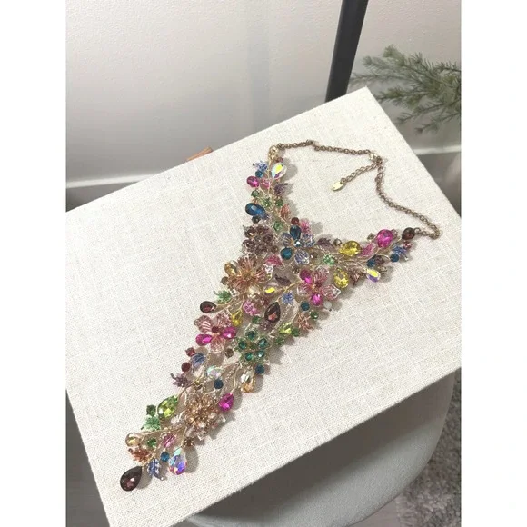 Multicolor Crystal Floral Bib Statement Necklace Gold Tone Jewel Tone Rhinestone