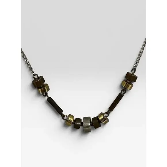 Vintage 80s 90s Industrial Tri-Tone Metal Necklace 15” Minimalist