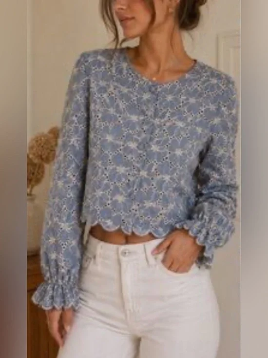 Zara Floral Eyelet Embroidered Scalloped Crop Blouse NWT Blue & Cream Cotton XL