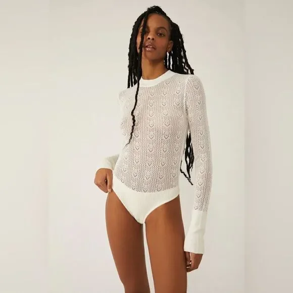 Free People Intimately Sunday Best Bodysuit, Ivory POINTELLE Knit Size XS