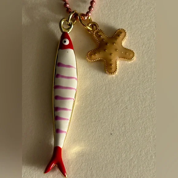 NWOT Necklace enamel pink & white striped Minnow, Starfish  charms, pink chain