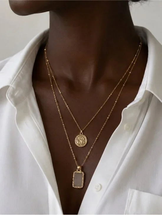 New! Preppy Classic Gold Coin Stone Necklace Stack NWOT 5028