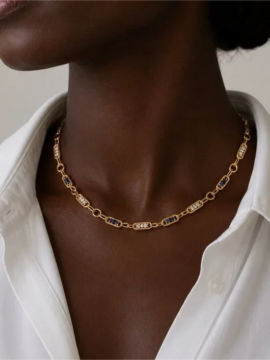 New! Gold Pearl Link Blue Beaded Necklace NWOT (4003)