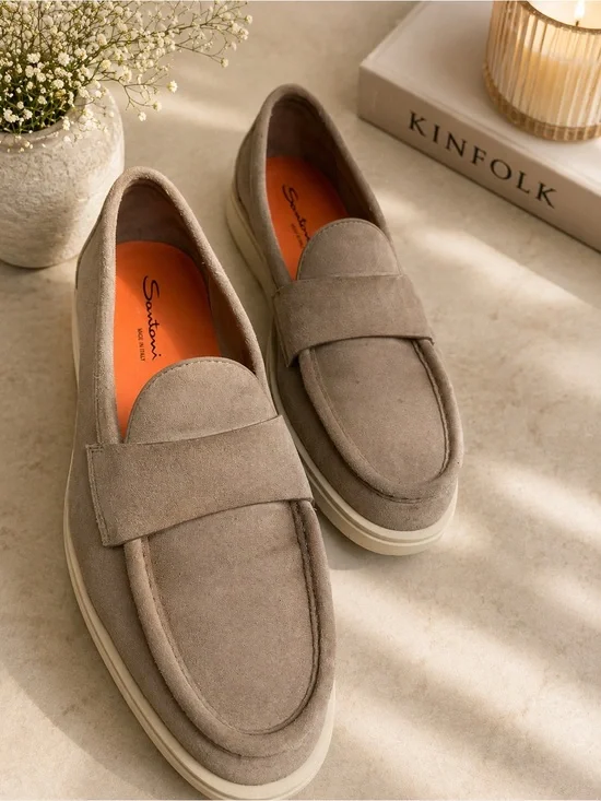 Santoni Taupe Suede Slip-On Penny Loafers