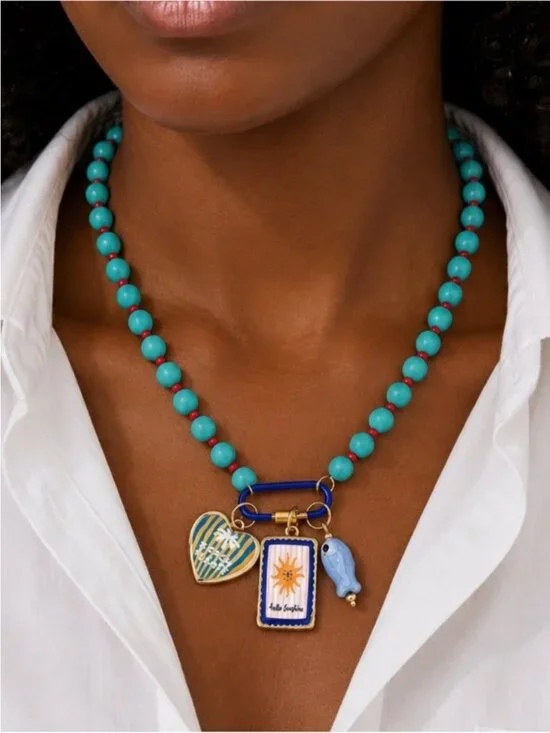 New! Coastal Colorful Blue Beaded Carabiner Necklace NWOT 5034