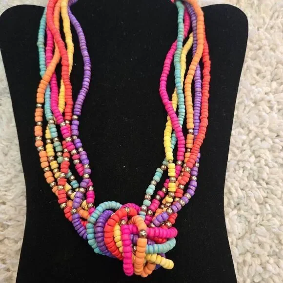 Colorful Wood Bead Multi Strand Necklace