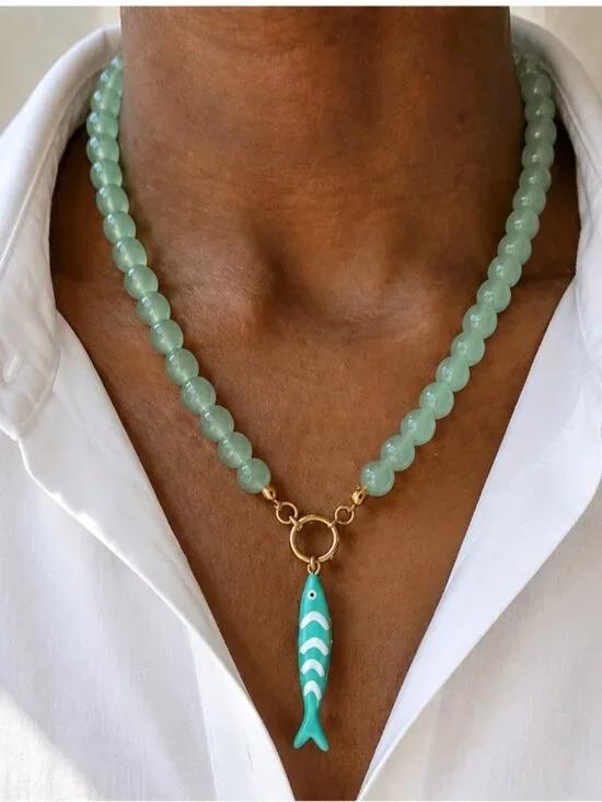 New! Coastal Sea Green Fish Charm Beaded Necklace (4011) NWOT