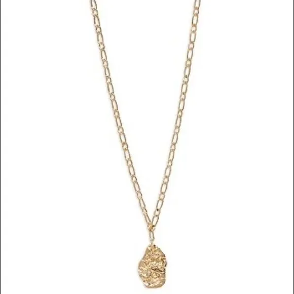 AQUA Hammered Nugget & Chain Link Pendant Necklace Gold Tone 21