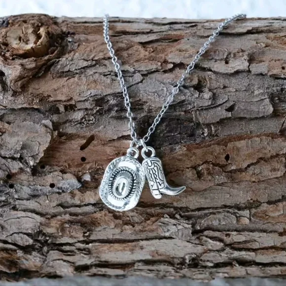 Silver Western Cowboy Hat & Boot Necklace Dainty Coastal Cowgirl Jewelry
