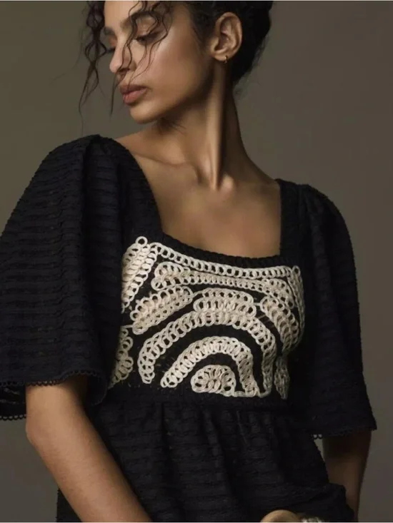 Anthropologie x Sarah Hann Black Crochet-Accent Square Neck Women's Top size xs