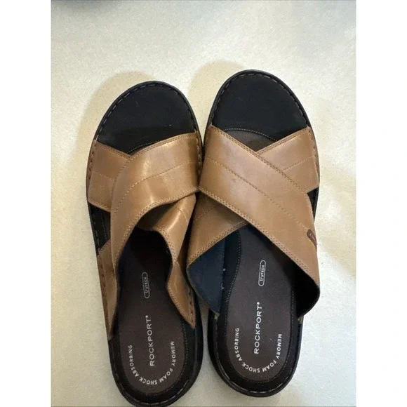 Rockport Trutech Darwyn X 14W Brown Leather Slip On Slide Sandal