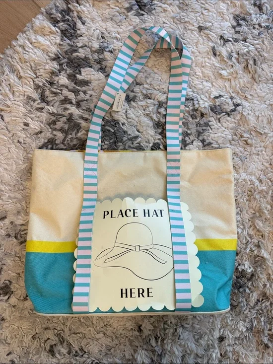 Canvas Beach Tote with hat holder and Striped Handles - Yellow & Teal Accent