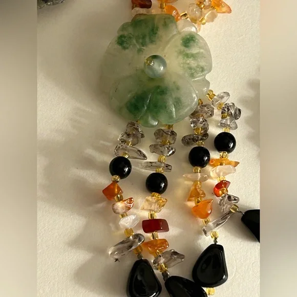 Necklace Artisan Jade flower tassel, Onyx, Rutilated Quartz, Carnelian beads