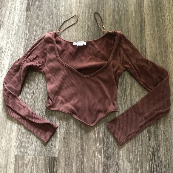 Zara Seamless Corset Ribbed Long Sleeve Top Asymmetric Hem Brown XS/S