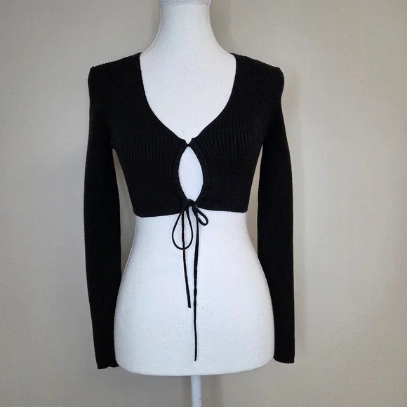 Zara Womens Small Black Ribbed Knit Keyhole Tie‎ Front Long Sleeve Crop Top S