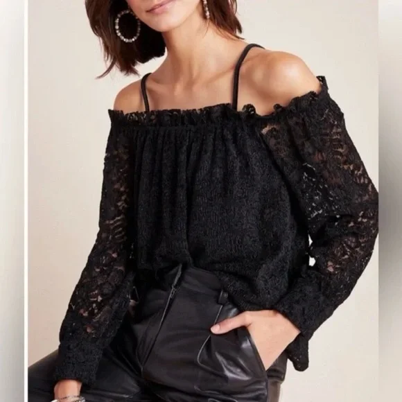 NWT, Anthropologie, Eri + Ali, Black, Lace, Off-Shoulder, Blouse Top‎ | Womens M