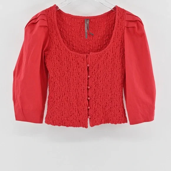 By Anthropologie Smocked Cardigan Size XS Red Button Up Puff Sleeve‎ Top Boho
