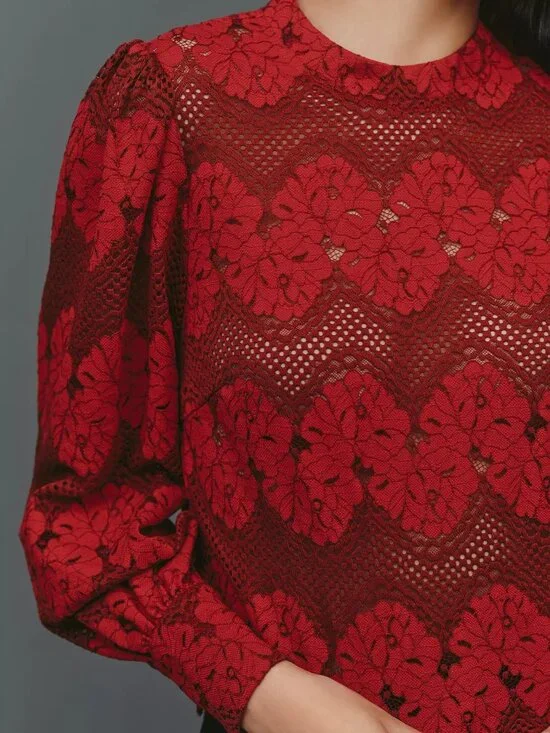 Anthropologie Dolan Left Coast Mock-Neck Lace Blouse, Burgundy, XXS