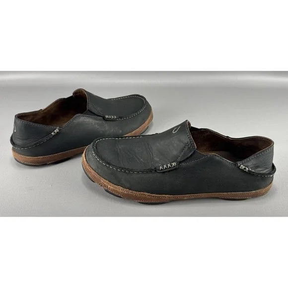 Olukai Moloa Mens Black Leather Slip On Loafer Shoes 10.5 Casual Comfort Travel