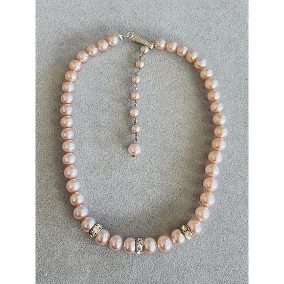 75 Yr Old Japanese Pink Glass Faux Pearl Necklace Crystal Accents FREE $HIPPING!