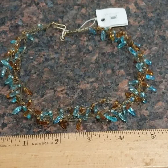 Chic Beaded Necklace with Blue and Brown Accents.