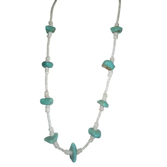 Vintage Southwestern Turquoise Nugget‎ and White Heishe Shell Necklace 24 Inch