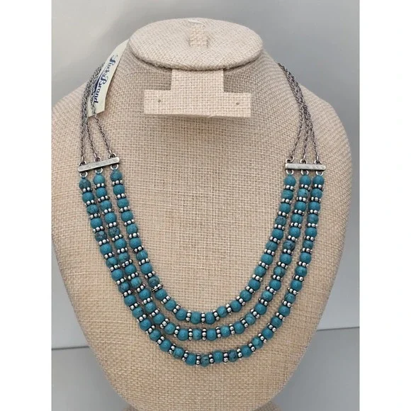 New! LUCKY BRAND Multi-Strand Silver Tone Faux Turquois Beaded Necklace MSRP $45