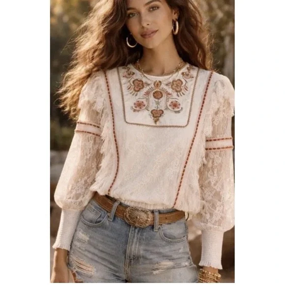 Anthropologie Bl^nk London Blouse Tali Embroidered Floral Lace Sz M Cream Boho