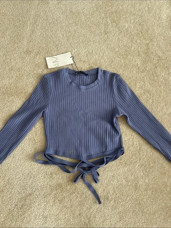 Zara Ribbed Long-Sleeve Tie-Front Top - Size Small