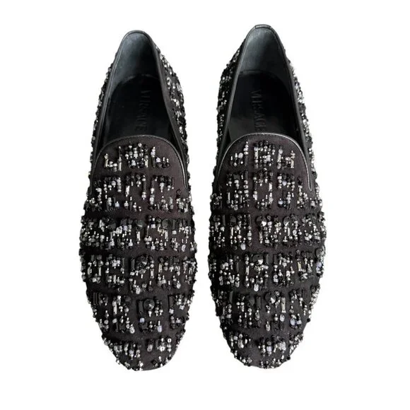 Versace‎ 1003792 Men's Black leather loafer embellished beading, 42