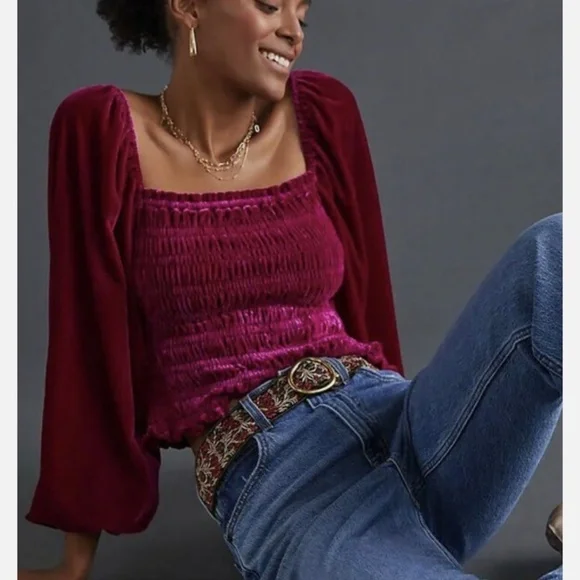 Anthropologie Magenta Pink Rose Smocked Velvet Puff Sleeve Peasant Blouse, M