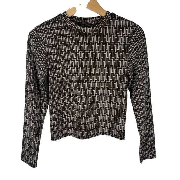 Zara Geometric Maze Print Long Sleeve Knit Womens M Brown Crew Neck Cropped