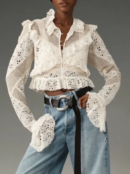 Anthropologie Ivory Crochet Ruffle Button-Front Blouse