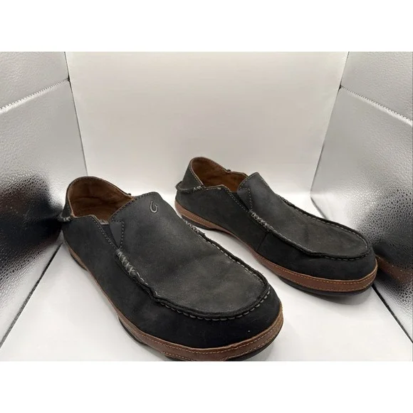 Olukai Moloa Mens Leather Slip On Moc Toe Black 10128-4033 Size 10 NO‎ INSOLES