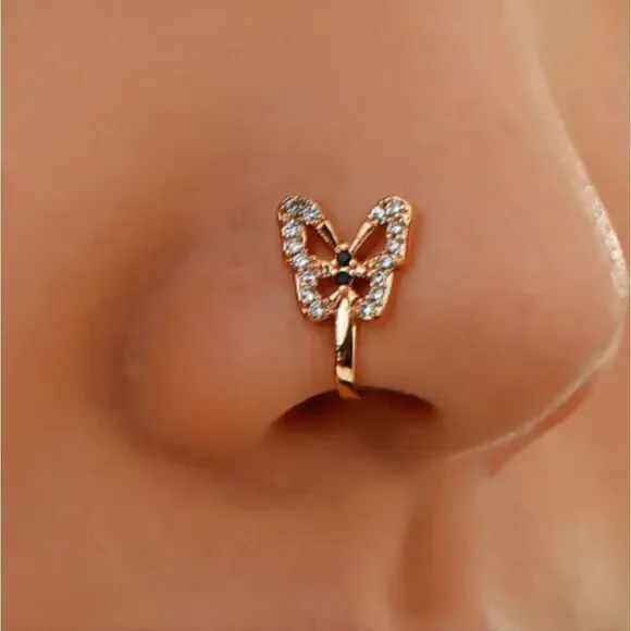 1pc Crystal Butterfly Fake Nose Ring, Non Piercing Clip On Nose Ring