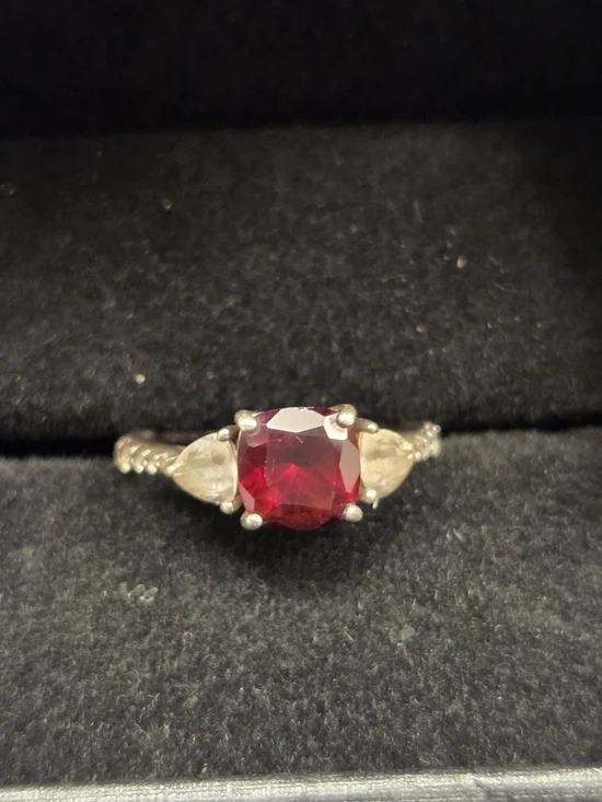 Red Garnet Three-Stone Ring with Clear Side Stones