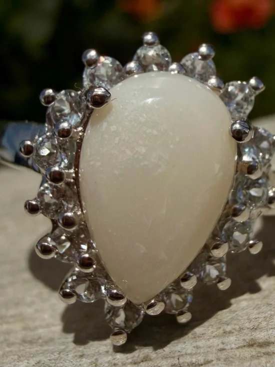 Brilliant White Opal & Blue Topaz Ring | 14K White Gold Plated|Size 8