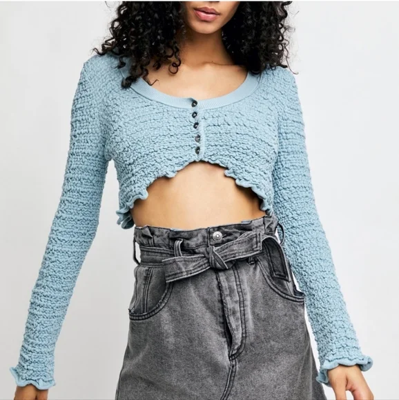 Free People Light Blue Cropped Button-Down Textured Top