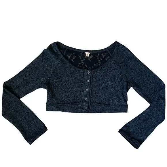 Free People Dark Heathered Gray Crop Long Sleeve Lace Snap Front Top - Small
