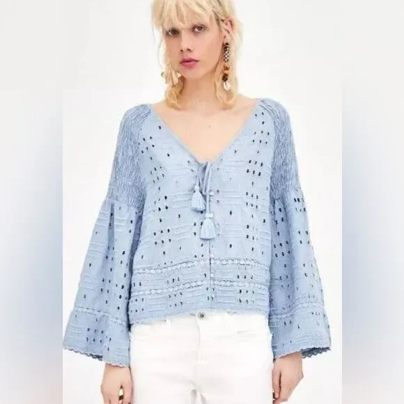 Zara TRF Collection Blue Eyelet Blouse Bell Sleeve Size S