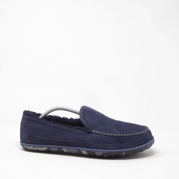 LL Bean Mens Mountain Slippers Navy Suede Fleece Lined Moccasins Size 12