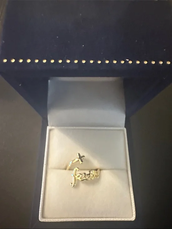 Gold Script 'Faith' Ring with Cross Accent - Women's Jewelry