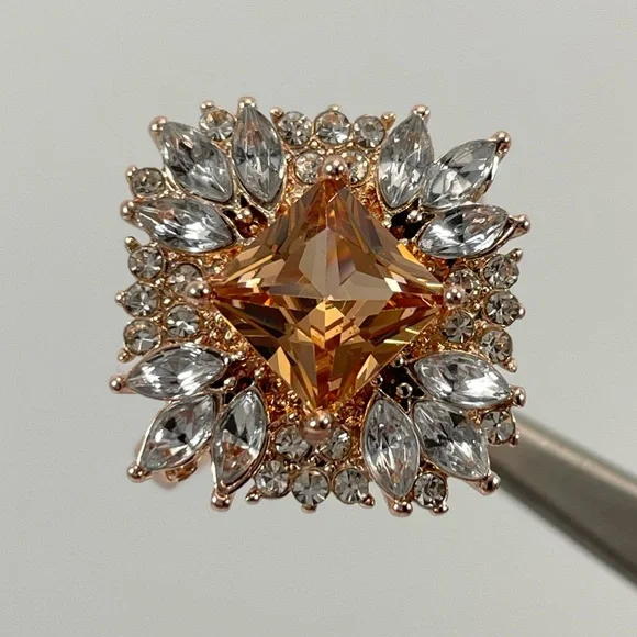 Ring Art Deco Champagne Diamond CZ Princess Cut Halo Gold Tone Plated Boho