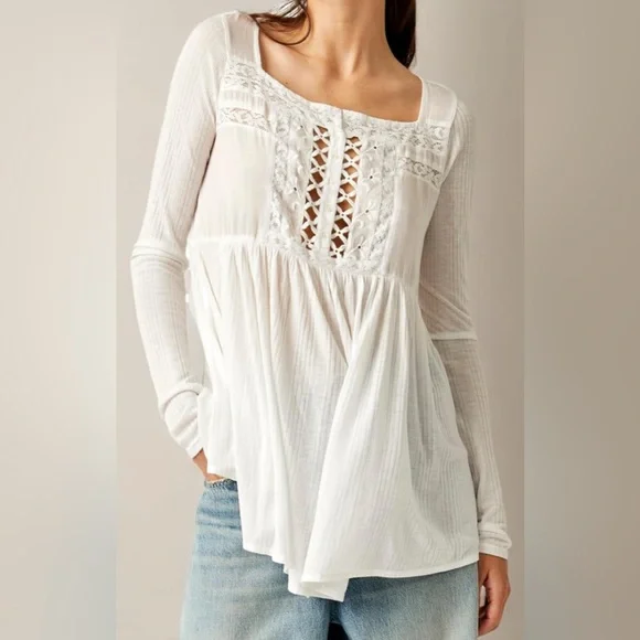 Free People Pretty Please Tunic Top /  Henley / lyrical lace tunic top NWOT