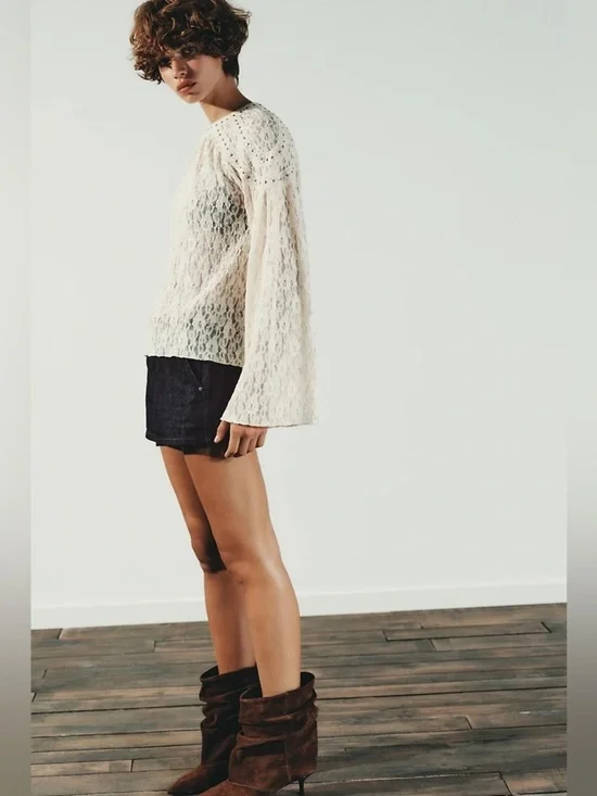 Zara Cream Lace Long-Sleeve Top with Embellished Size M NWT